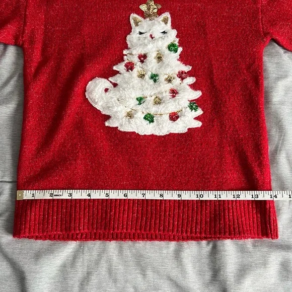 Girls Sequin Christmas Cat Sweater - Red - Picture 7 of 7